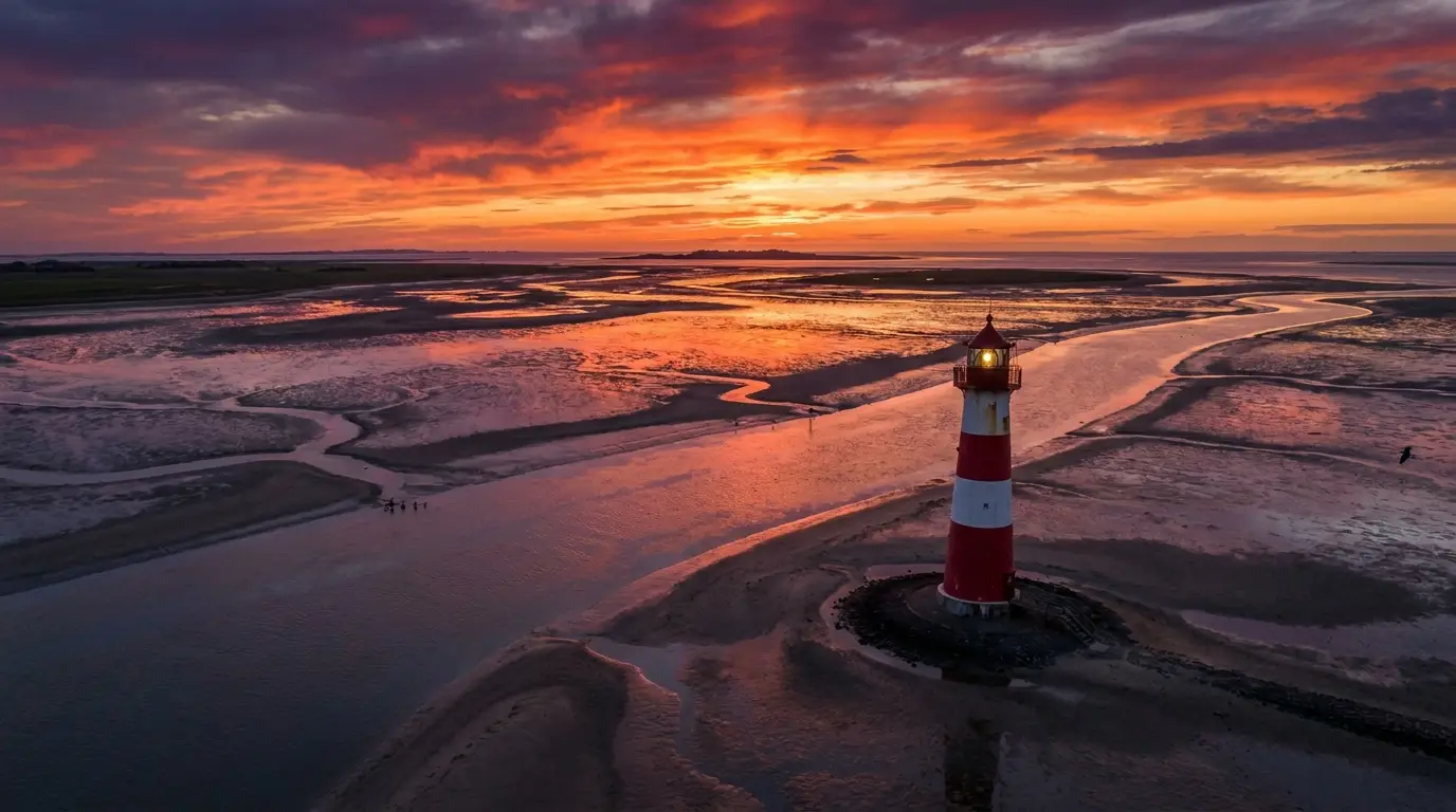 Leuchtturm an der Nordseeküste bei Sonnenuntergang