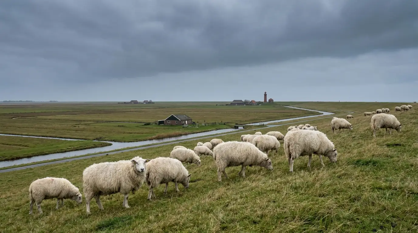 Friesische Deichschafe mit Westerhever Leuchtturm im Hintergrund