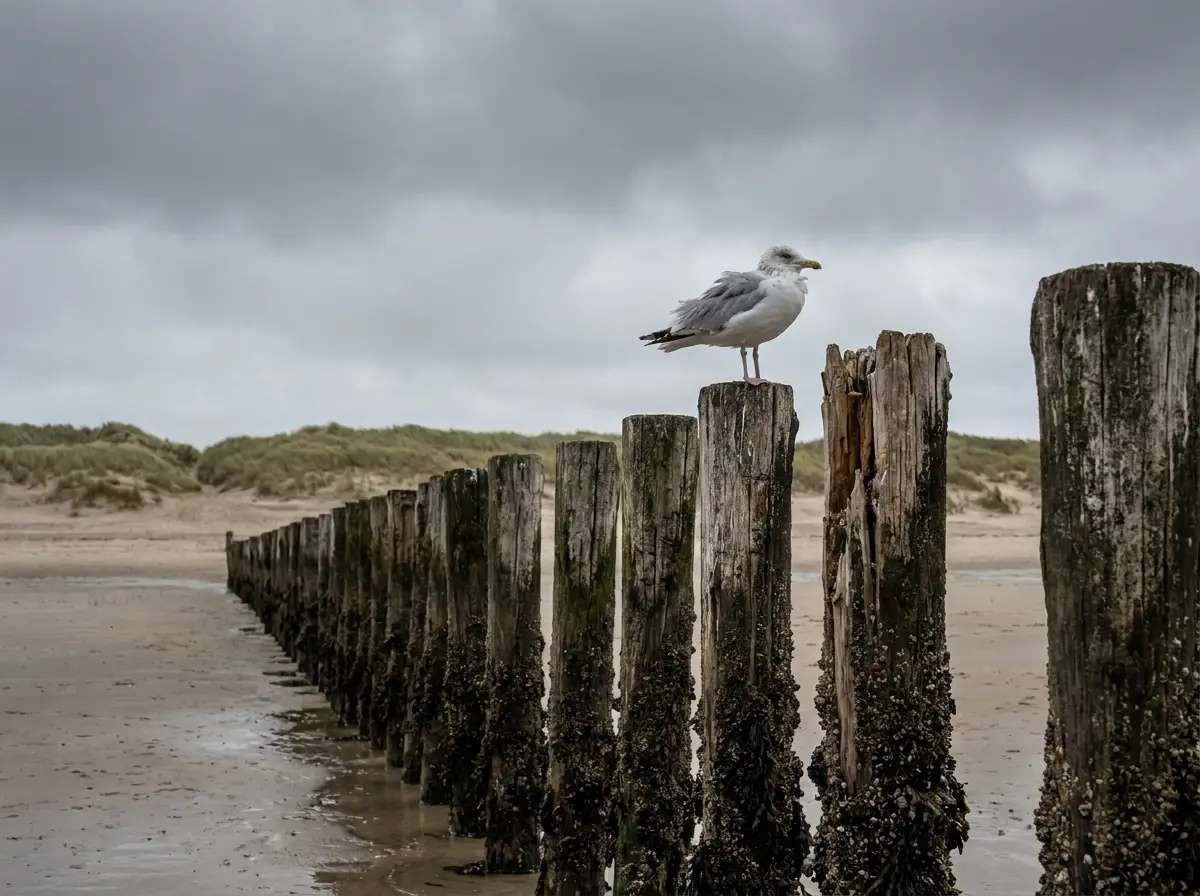 Silbermöwe auf einem Pfosten vor Leuchtturm an der Nordseeküste